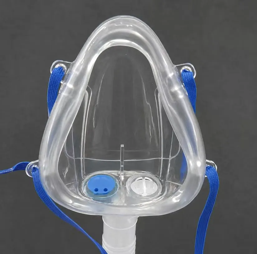 Clear reusable silicone BIBS mask with blue straps and separate inhale and exhale valves